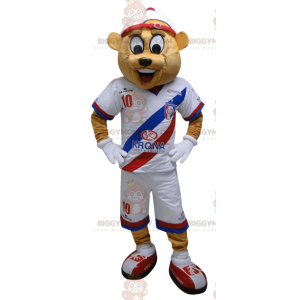 BIGGYMONKEY™ maskottiasu beigenvärinen karhu urheiluasuissa.