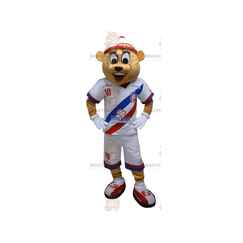 BIGGYMONKEY™ maskotkostume af beige bjørn i sportstøj. Bamse BIGGYMONKEY™ maskotkostume af beige bjørn i sportstøj. Bamse