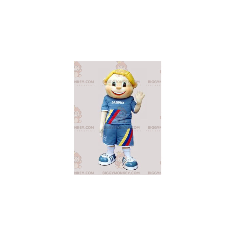 Blond dreng og barn BIGGYMONKEY™ maskotkostume klædt i blåt - Blond dreng og barn BIGGYMONKEY™ maskotkostume klædt i blåt -