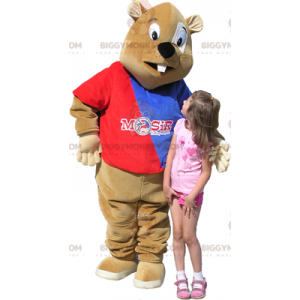 BIGGYMONKEY™ Brown Beaver Mascot Costume with Blue and Red
