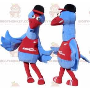 2 BIGGYMONKEY™-maskotti sinistä ja punaista lintua. 2 strutsia