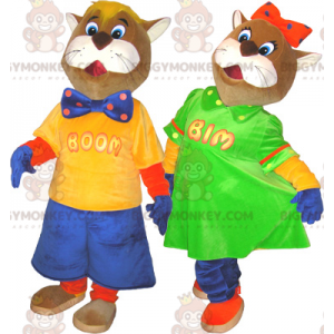 2 BIGGYMONKEY™s maskot av brune og hvite katter i fargerike antrekk - Kattemasker - BIGGYMONKEY_06152 - BiggyMonkey.com