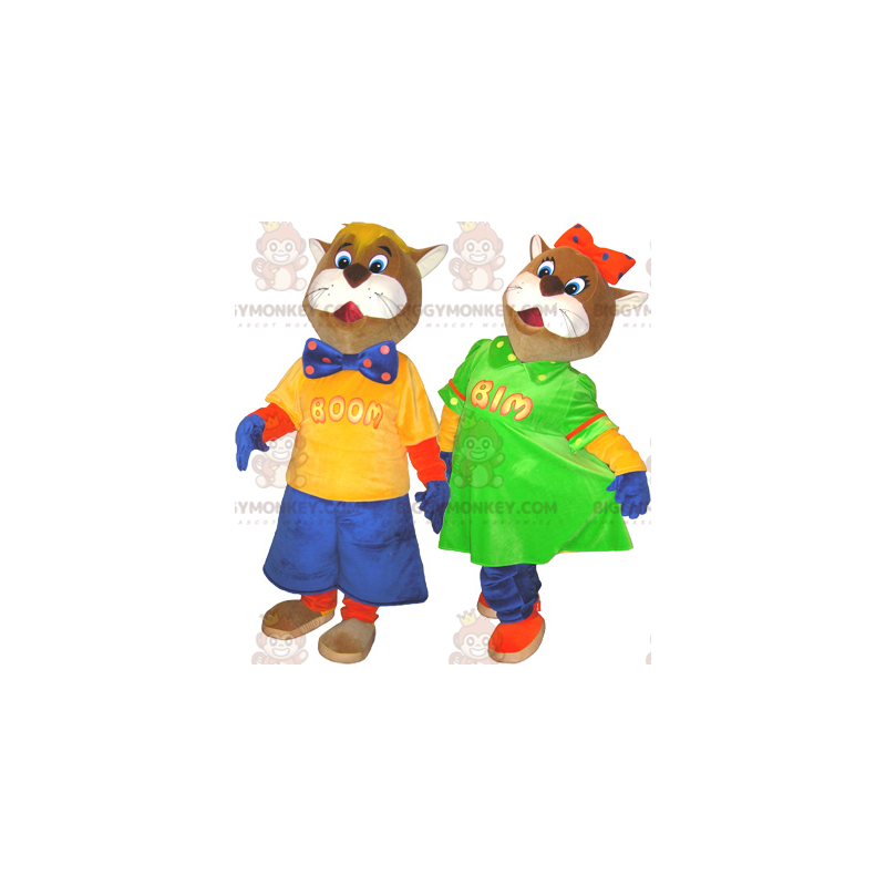 2 BIGGYMONKEY™s maskot av brune og hvite katter i fargerike antrekk - Kattemasker - BIGGYMONKEY_06152 - BiggyMonkey.com