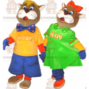 2 BIGGYMONKEY™s maskot av brune og hvite katter i fargerike antrekk - Kattemasker - BIGGYMONKEY_06152 - BiggyMonkey.com
