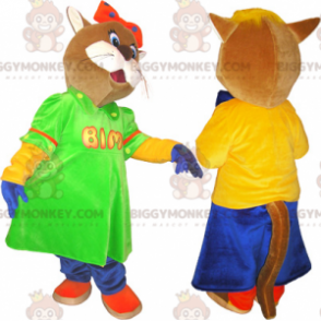 2 BIGGYMONKEY™s maskot av brune og hvite katter i fargerike antrekk - Kattemasker - BIGGYMONKEY_06152 - BiggyMonkey.com