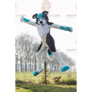 Traje de mascote BIGGYMONKEY™ de cachorro branco preto e azul –