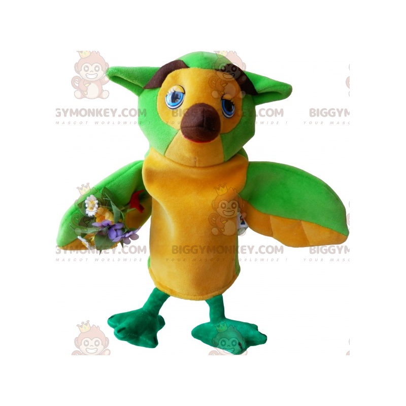 Costume mascotte BIGGYMONKEY™ gufo verde giallo marrone molto Costume mascotte BIGGYMONKEY™ gufo verde giallo marrone molto