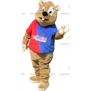BIGGYMONKEY™ Brown Beaver Mascot Costume with Red and Blue