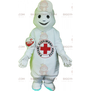 Kostým maskota BIGGYMONKEY™ Bílý sněhulák s červeným křížem na