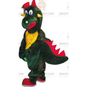 Traje de mascote gigante verde amarelo e vermelho dragão
