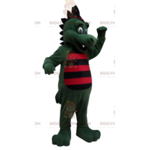 BIGGYMONKEY™ Πράσινη στολή μασκότ δεινοσαύρων κροκόδειλου με μαύρες και κόκκινες ρίγες - Μασκότ κροκόδειλου - BiggyMonkey.com
