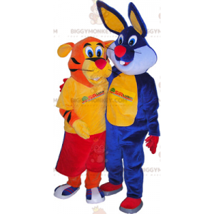 2 mascotes do BIGGYMONKEY™: um tigre laranja e um coelho azul –