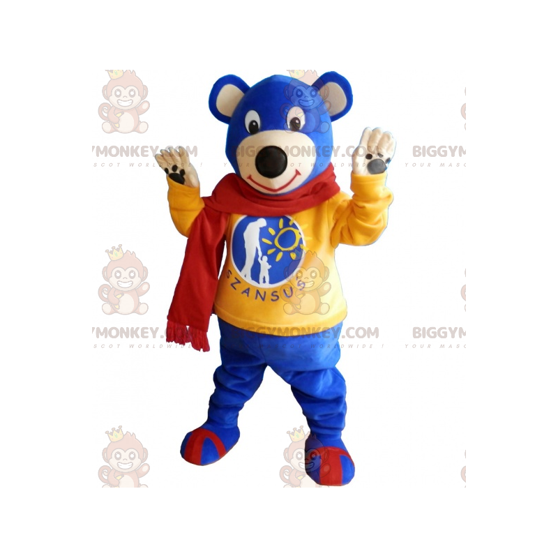 Blå Teddy BIGGYMONKEY™ maskotdräkt med gul tröja och halsduk - Blå Teddy BIGGYMONKEY™ maskotdräkt med gul tröja och halsduk -