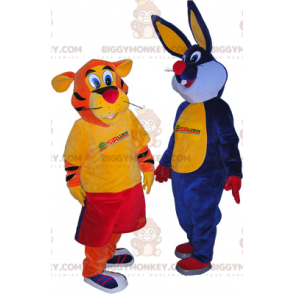 2 mascotes do BIGGYMONKEY™: um tigre laranja e um coelho azul –