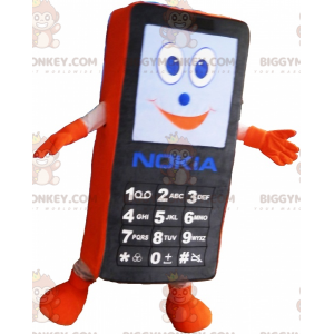 Černo-oranžový kostým maskota BIGGYMONKEY™ na mobilní telefon.