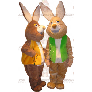 2 mascote BIGGYMONKEY™ de coelhos marrons e brancos com coletes