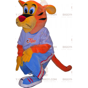 Orange and Yellow Tiger BIGGYMONKEY™ Mascot Costume with Blue