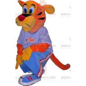 Kostým oranžovo-žlutého tygra BIGGYMONKEY™ maskota s modrým