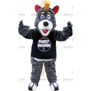 BIGGYMONKEY™ Μασκότ Κοστούμι Γκρι και Λευκός Λύκος με κίτρινο