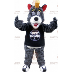 Traje de mascote BIGGYMONKEY™ Lobo cinza e branco com brasão