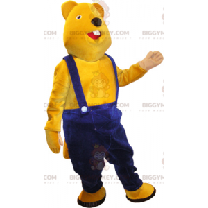 Traje de mascote BIGGYMONKEY™ Teddy amarelo com macacão azul –
