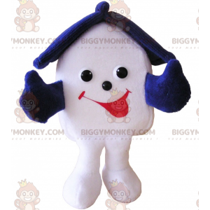 Zeer glimlachend wit en blauw huis BIGGYMONKEY™ mascottekostuum