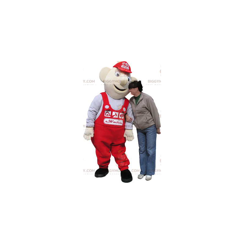 BIGGYMONKEY™ Maskotdräkt Vit arbetarman med röd overall - BIGGYMONKEY™ Maskotdräkt Vit arbetarman med röd overall -