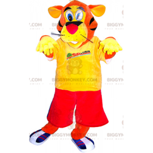 Orange Tiger BIGGYMONKEY™ Maskottchenkostüm in Rot und Gelb -