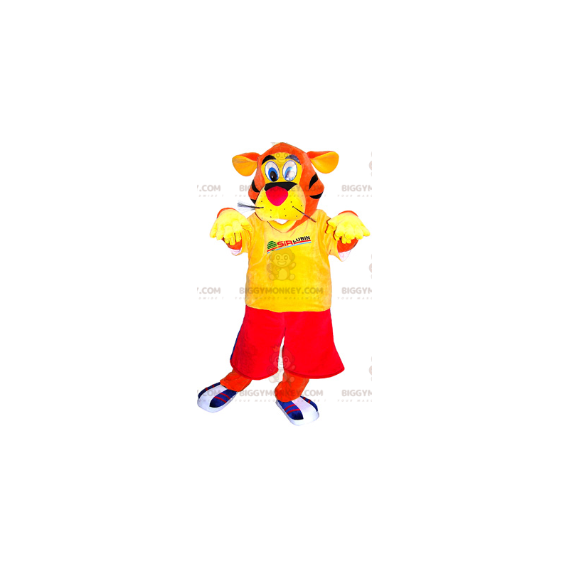 Costume de mascotte BIGGYMONKEY™ de tigre orange habillé en Costume de mascotte BIGGYMONKEY™ de tigre orange habillé en