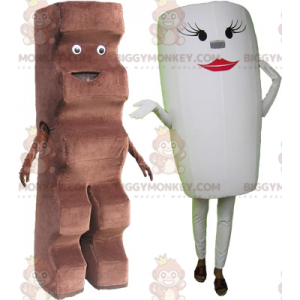 2 mascotes do BIGGYMONKEY™: uma barra de chocolate e um copo