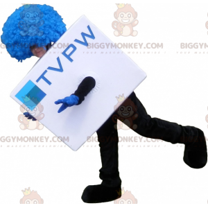 White cubic BIGGYMONKEY™ mascot costume with blue wig. TV