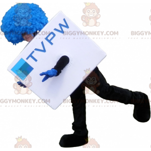 Λευκή κυβική στολή μασκότ BIGGYMONKEY™ με μπλε περούκα. Στολή