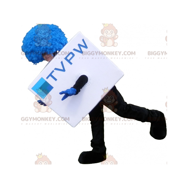 Hvit kubisk BIGGYMONKEY™ maskotkostyme med blå parykk. TV BIGGYMONKEY™ maskotkostyme - Uklassifiserte maskoter - BiggyMonkey.com