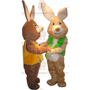 2 mascote BIGGYMONKEY™ de coelhos marrons e brancos com coletes