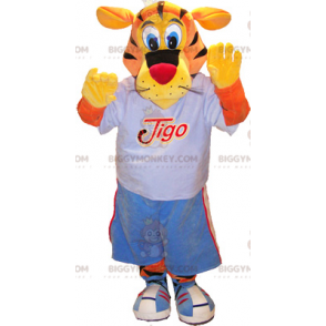 BIGGYMONKEY™ maskotkostyme oransje og gul Tigo Tiger i blått sportstøy - Tiger maskoter - BIGGYMONKEY_06209 - BiggyMonkey.com