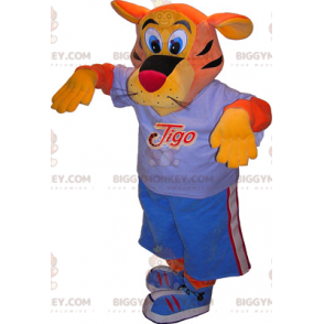 BIGGYMONKEY™ maskotkostyme oransje og gul Tigo Tiger i blått sportstøy - Tiger maskoter - BIGGYMONKEY_06209 - BiggyMonkey.com