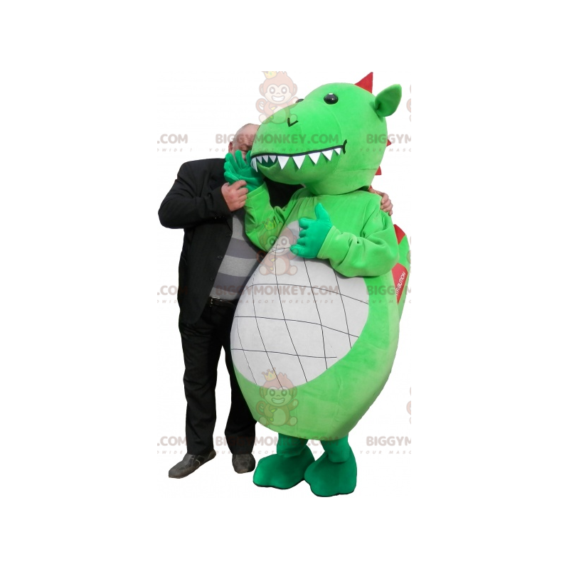 Costume de mascotte BIGGYMONKEY™ de dragon vert blanc et rouge Costume de mascotte BIGGYMONKEY™ de dragon vert blanc et rouge