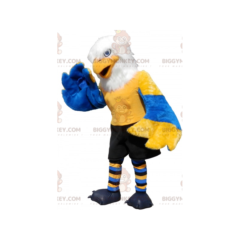 Disfraz de mascota BIGGYMONKEY™ Águila amarilla, azul y blanca Disfraz de mascota BIGGYMONKEY™ Águila amarilla, azul y blanca