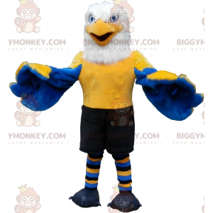 Blå gul och vit örn BIGGYMONKEY™ maskotdräkt i sportkläder -