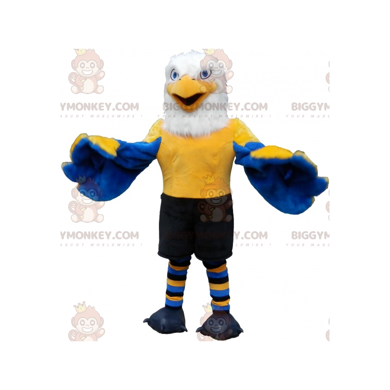 Disfraz de mascota BIGGYMONKEY™ con águila azul, amarilla y blanca en ropa deportiva - Mascota deportiva - BiggyMonkey.com