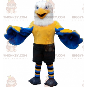 Disfraz de mascota BIGGYMONKEY™ con águila azul, amarilla y blanca en ropa deportiva - Mascota deportiva - BiggyMonkey.com