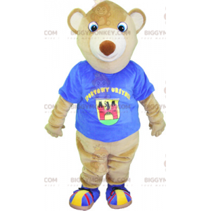 BIGGYMONKEY™ mascot costume beige teddy bear with blue t-shirt
