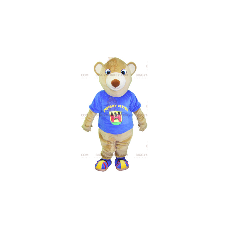BIGGYMONKEY™ maskotkostyme beige bamse med blå t-skjorte - Bjørn maskot - BIGGYMONKEY_06226 - BiggyMonkey.com
