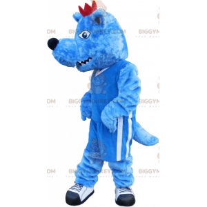 BIGGYMONKEY™ Mascot Costume Blue Wolf with Red Crest and Fierce