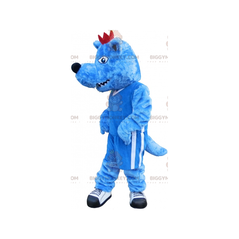Disfraz de mascota BIGGYMONKEY™ Lobo azul con cresta roja y Disfraz de mascota BIGGYMONKEY™ Lobo azul con cresta roja y