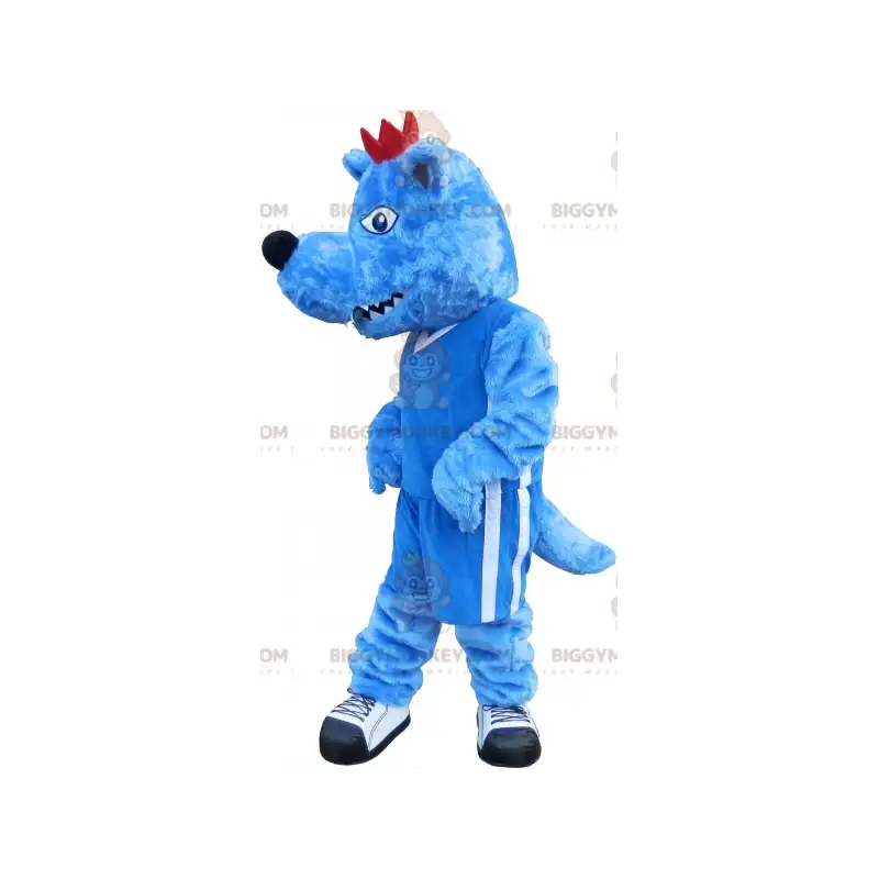 Traje de mascote BIGGYMONKEY™ Lobo Azul com Crista Vermelha e Traje de mascote BIGGYMONKEY™ Lobo Azul com Crista Vermelha e