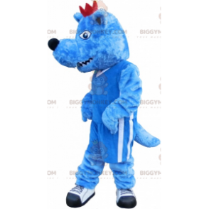 BIGGYMONKEY™ Maskottchenkostüm Blauer Wolf mit rotem Kamm und