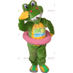 BIGGYMONKEY™ Maskotdräkt Grön & Gul krokodil med boj -