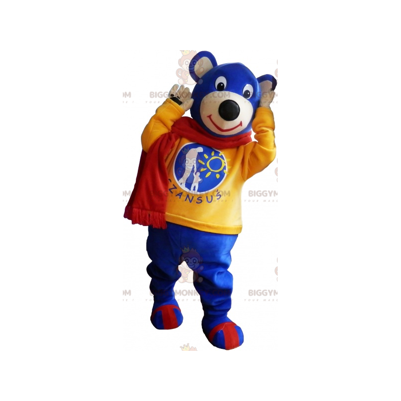 Blue Teddy BIGGYMONKEY™ Mascot Costume with Yellow Sweater and Blue Teddy BIGGYMONKEY™ Mascot Costume with Yellow Sweater and