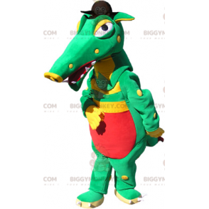 Grön Gul Röd Krokodil BIGGYMONKEY™ maskotdräkt med svart hatt - Krokodilmaskot - BIGGYMONKEY_06244 - BiggyMonkey.com